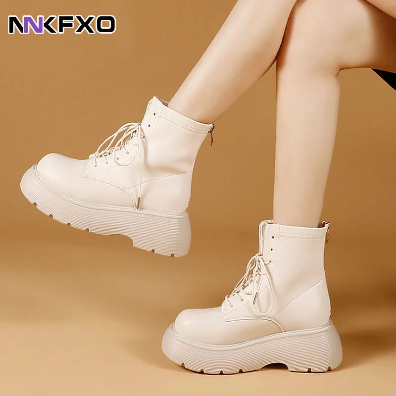 

Женские кожаные ботильоны на платформе, короткие ботинки на толстой подошве в британском стиле, Боевая мотоциклетная зимняя обувь, Размеры ...