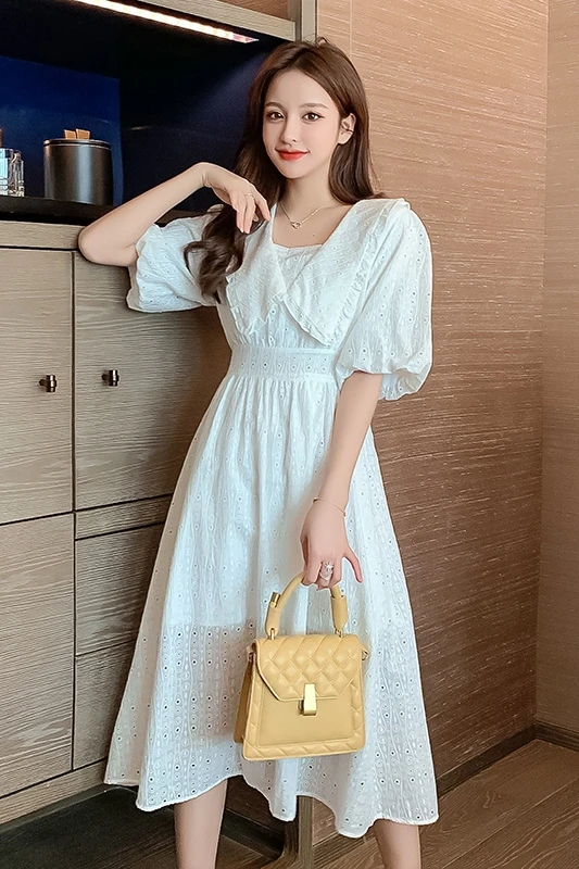 

COIGARSAM French Style Women dress New Summer High Waist Hollow Out Dresses White 5203