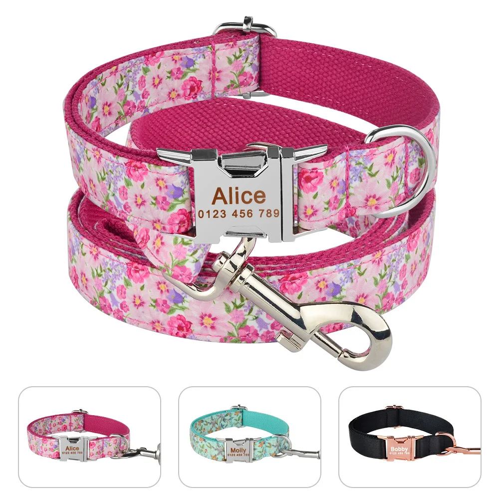 

Dog Collar Personalized Engraved ID Name Reflective Nylon XS-L Customized Dog Collar Leash Set Id Name Phone Number Tag