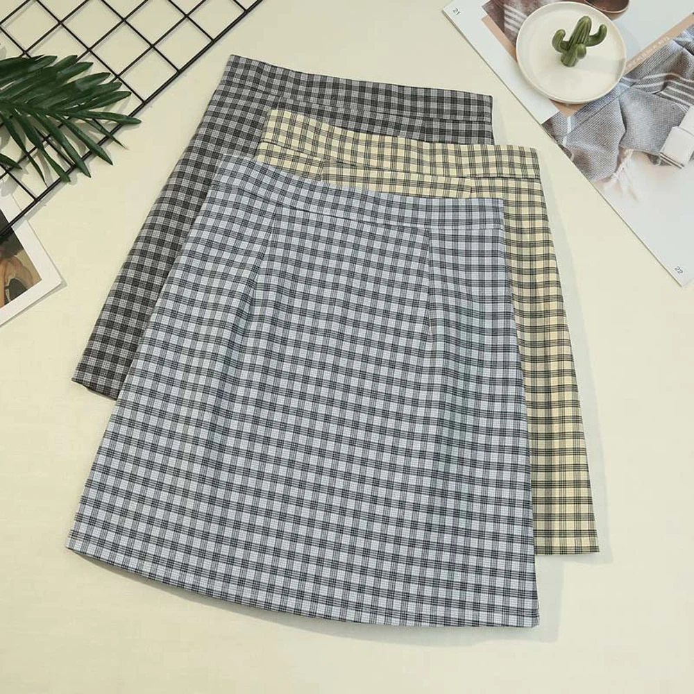 

Korean Style 2021 New Women Ladies Sexy Mini Skirt VD1883 Black Grey Yellow Casual Y2K Short Plaid Skirt