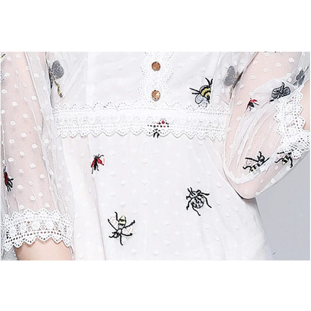 

Simgent Designer Dress Women Summer Three Quarter Sleeve Embroidery A Line Dot Buttons White Dresses 2021 New SG14272
