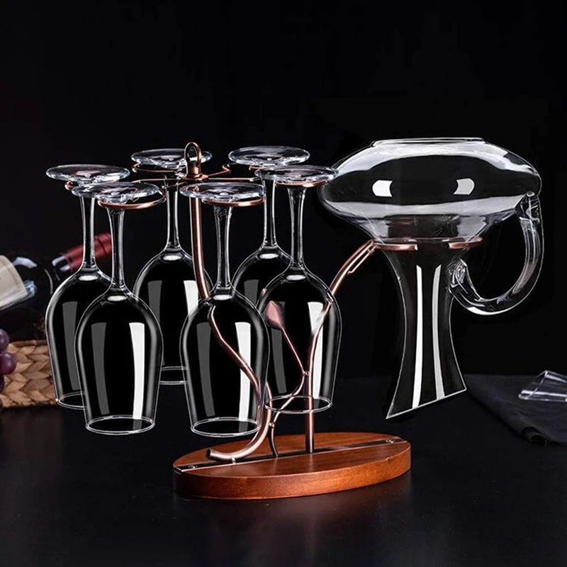 

2-In-1 Red Wine Glass Rack & Wine Decanter 6 Wine Glasses Stemware Tabletop Storage Display Drying Rack,Vintage Bronze