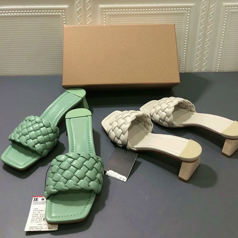 

Summer Women Shoes Fashion Woven Square Toe High Heels Woman Slippers Open Toe Ladies Flip Flips Breathable Slides Large Size