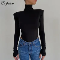 lygens 2021 long sleeve shoulder padded backless sexy bodysuit autumn winter women fashion high neck pure elegant romper body