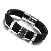 punk men jewelry double layer braided black genuine leather bracelet stainless steel magnetic buckle bangle