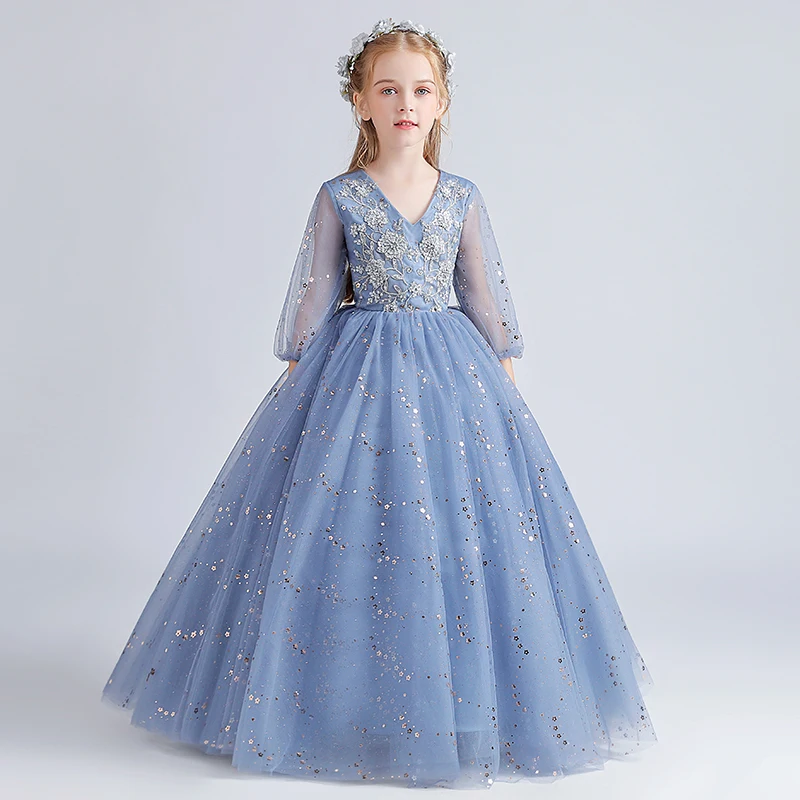 

Flower Girl Dresses Pearls Beading Three Quarter Princess Sequined O-Neck Ball Gown Embroidery Tulle Lace Kids Party Skirt H084