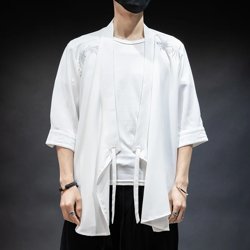 MR-DONOO Spring Summer Men's Chinese Style Embroidered Cross-neck Cardigan Jacket Retro Three Quarter Sleeve Thin Loose Coat | Мужская