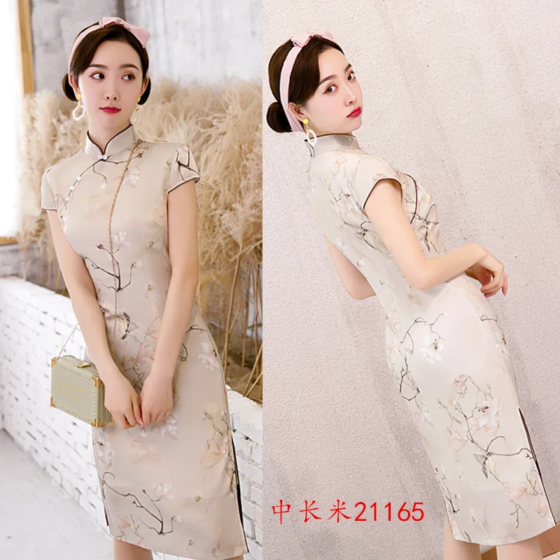 

Printed Flower Young Lady Satin Casual Dress Mandarin Collar Short Sleeve Gown Vintage Qipao Vestidos Oversize 4XL