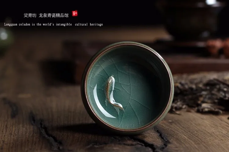 Китайский Longquan Celadon фарфоровая чайная чашка и блюдце чайная чаша с золотой рыбкой 60 мл Celadon Crackle чайная чашка