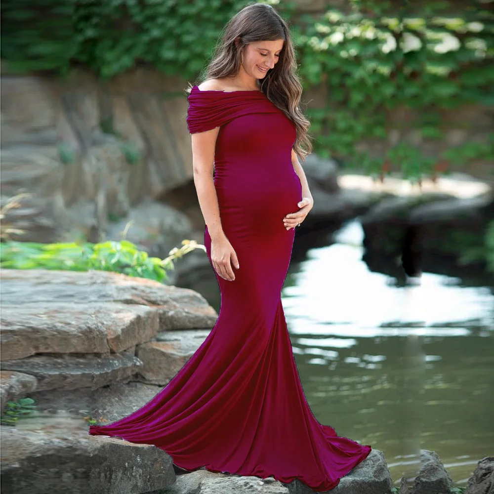 

Women's Reverse Neck Short Sleeve Elegant Fitted Maternity Gown Slim Fit Maxi Photography Dress for Photo Shoot Dress