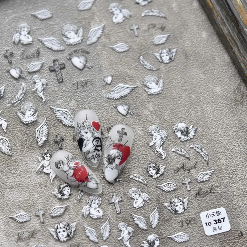 

New Creative Angels Wings Cupid Cross 5D Engraved Nail Sticker Decals Ultra Thin Adhesive Nail Art Decorations Stickers Manicure