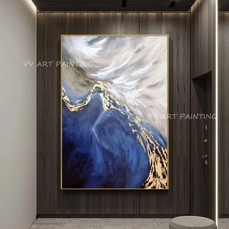 

Luxury Gold Foil Blue Grey Canvas Abstract Large Sizes 100% Handmade Oil Painting on Canvas Art Classic Cuadros Home Decoration