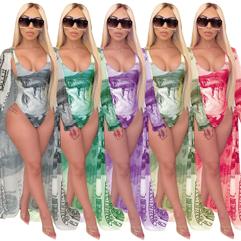 Женский спортивный костюм из двух предметов с принтом долларов облегающий