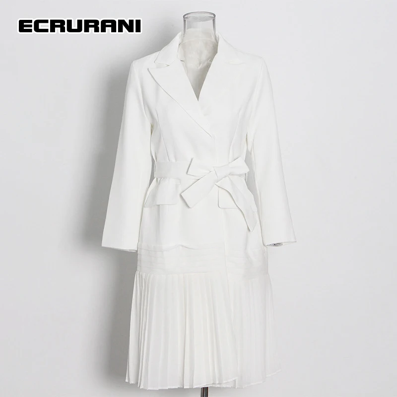 ECRURANI белые элегантные пальто для женщин воротник с лацканами длинный рукав