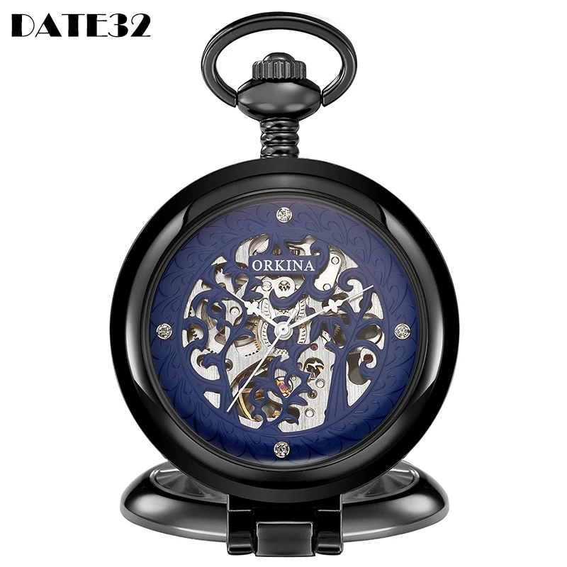 

Roman Numeral Classic Black Blue Mechanical Pocket Watch Collection Skeleton Male Stand Display Fob Chain Clock for Men Women