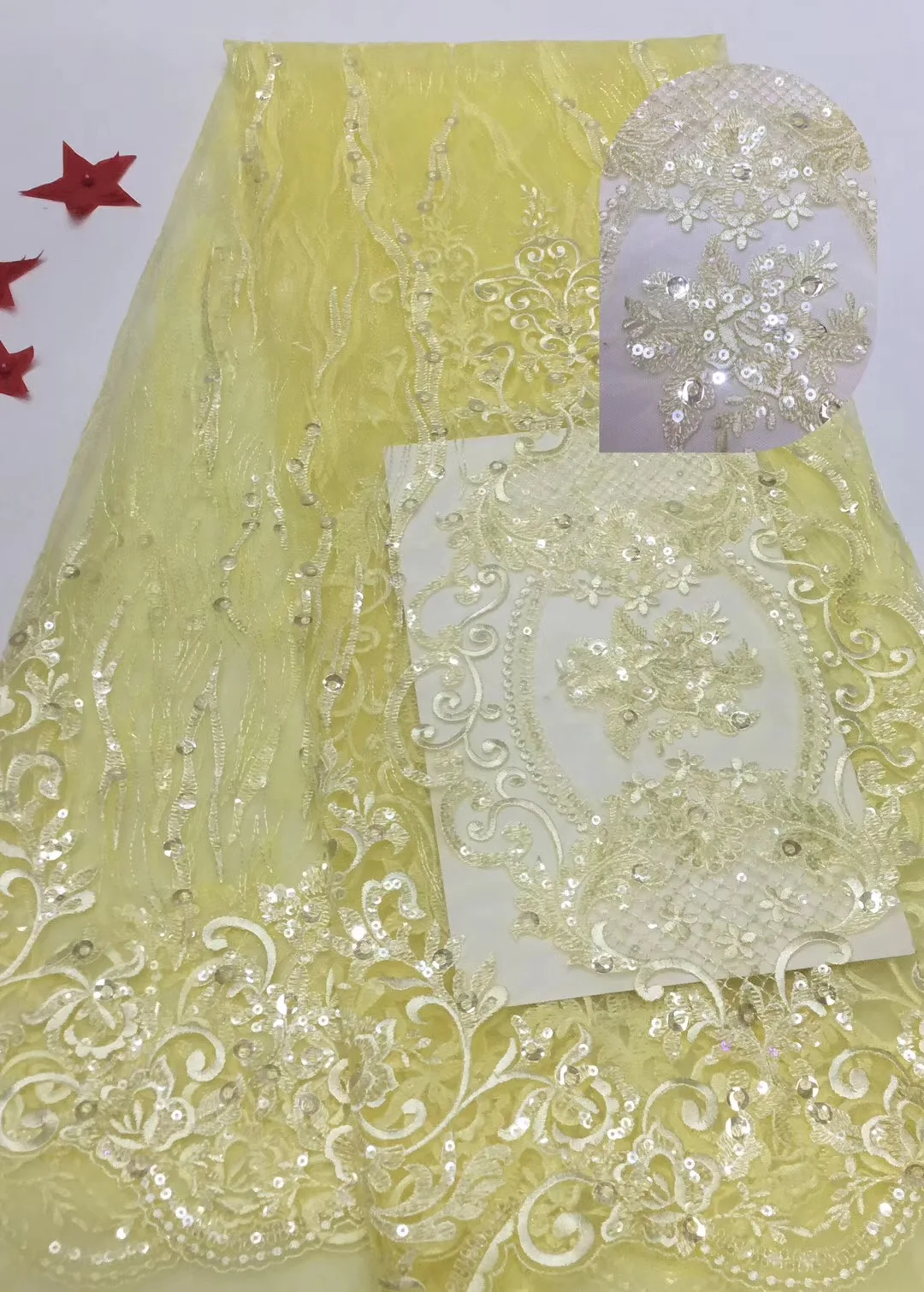 

French Net Lace Fabric 2020 Latest african guipure lace fabric with embroidery mesh tulle gold cord Sequins lace fabric T3307