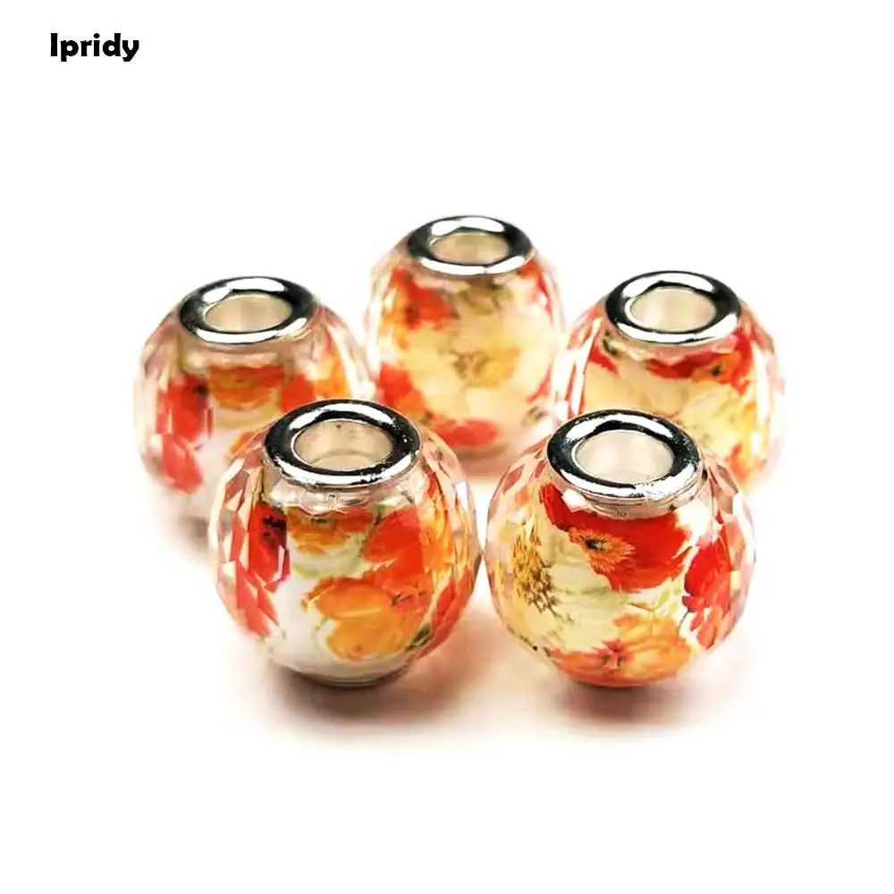 

10Pcs/lot 16mm European Rondelle Large Hole Resin Beads inside flower with Plating Silver Brass Cores,fit Bracelet Spacer beaads