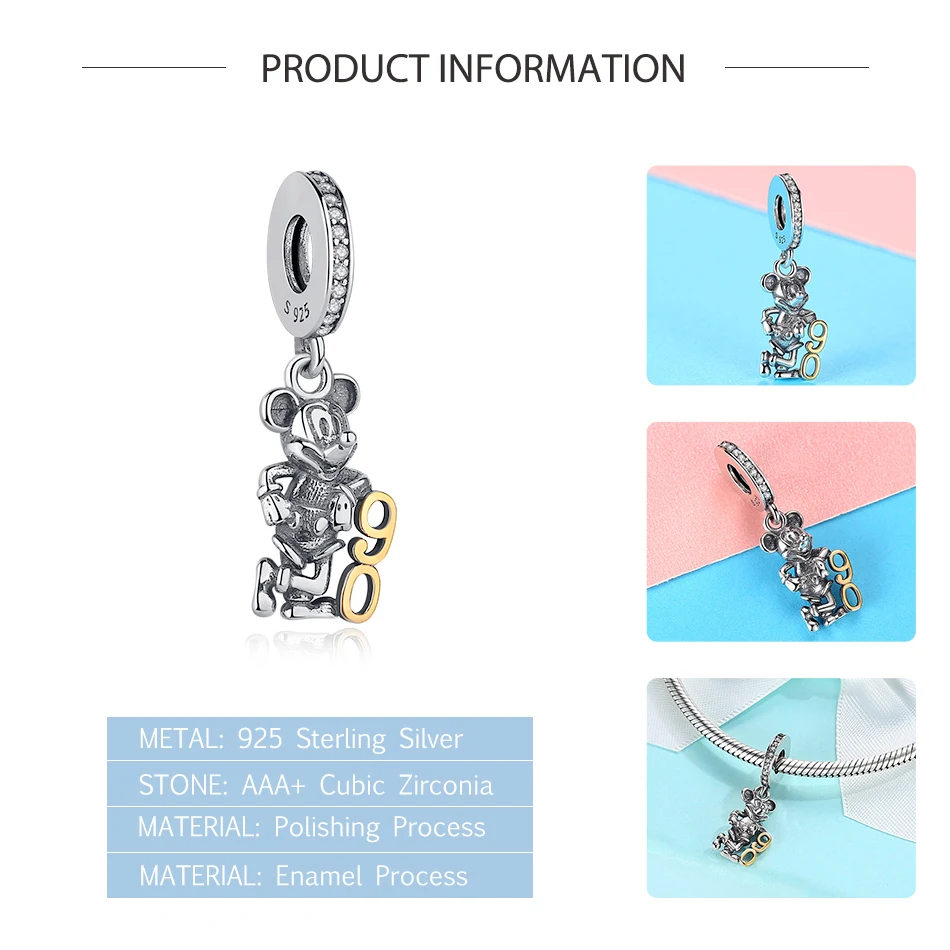 ELESHE 100% серебряные бусины 925 пробы CZ мультфильм подвеска мышь очаровательный