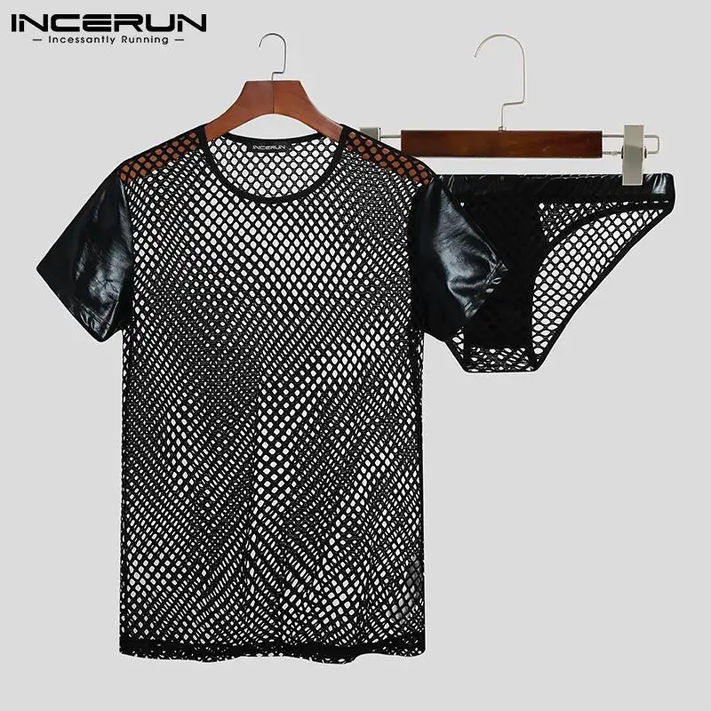 

Men Pajamas Sets Mesh PU Leather Patchwork Sexy See Through T Shirt Brief Homewear Men Nightwear Sets 2 Pieces S-5XL INCERUN