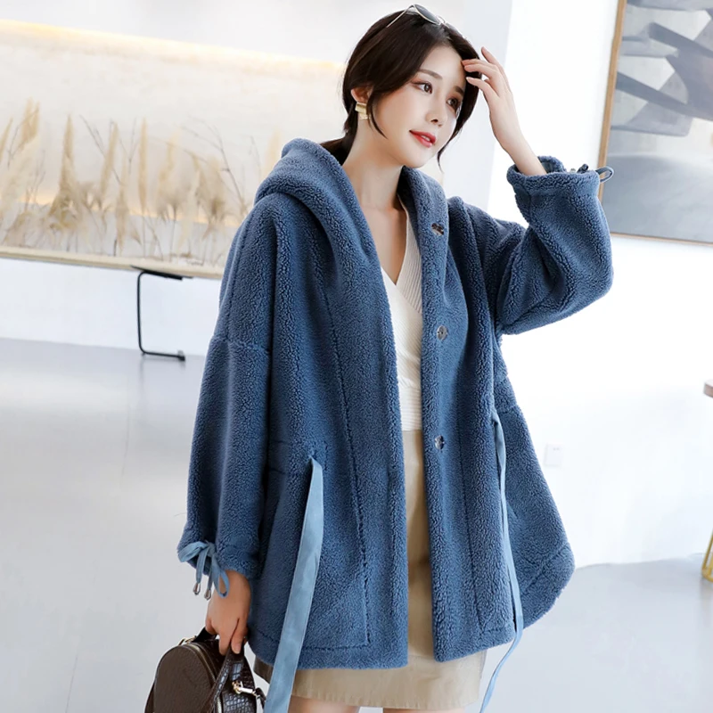 Женская куртка с капюшоном из овечьей шерсти верхняя одежда поясом для пальто