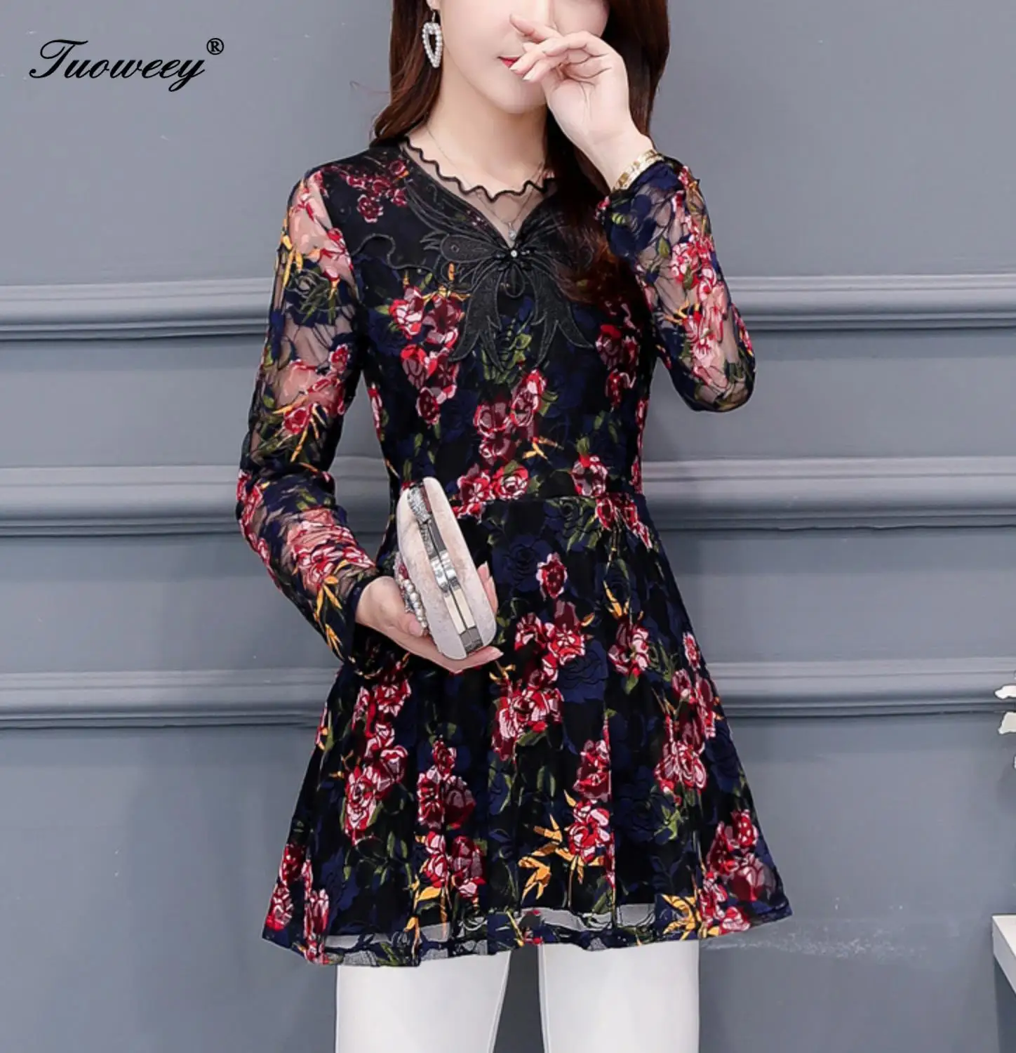 4XL Большие размеры женские блузки с вырезами и кружевами в стиле пэчворк 2019