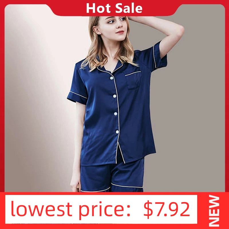 

NORNS Women's 2 Pieces Pajamas Sets Faux Silk Pyjama Women Sleepwear Summer Shirts And Shorts Lapel Short Sleeve Female Homewear