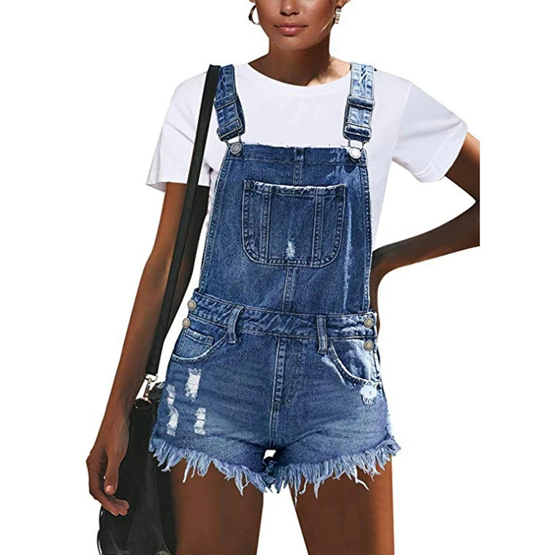 

2020 Fashion Sexy Ripped Hole Denim Overalls Women Summer Jumpsuit Female Denim Rompers Playsuit Salopette Straps Shorts Rompers