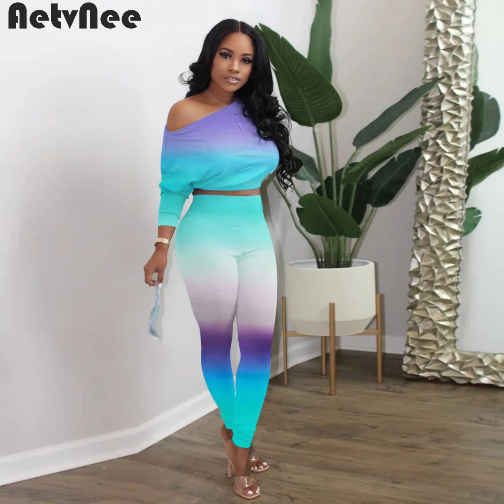 

Женский спортивный костюм AetvNee из двух предметов, комплект из укороченного топа и эластичных брюк-карандаш с градиентом, модная уличная оде...