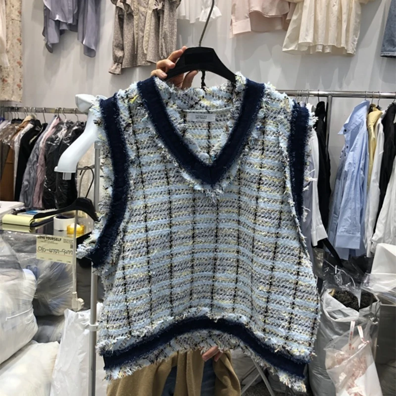 

2021New Autumn Korean Fashion Loose knittingTops Suits Lantern Sleeve White Blouses+V-Neck Pullover Tweed Vest Womens 2 Piece Se