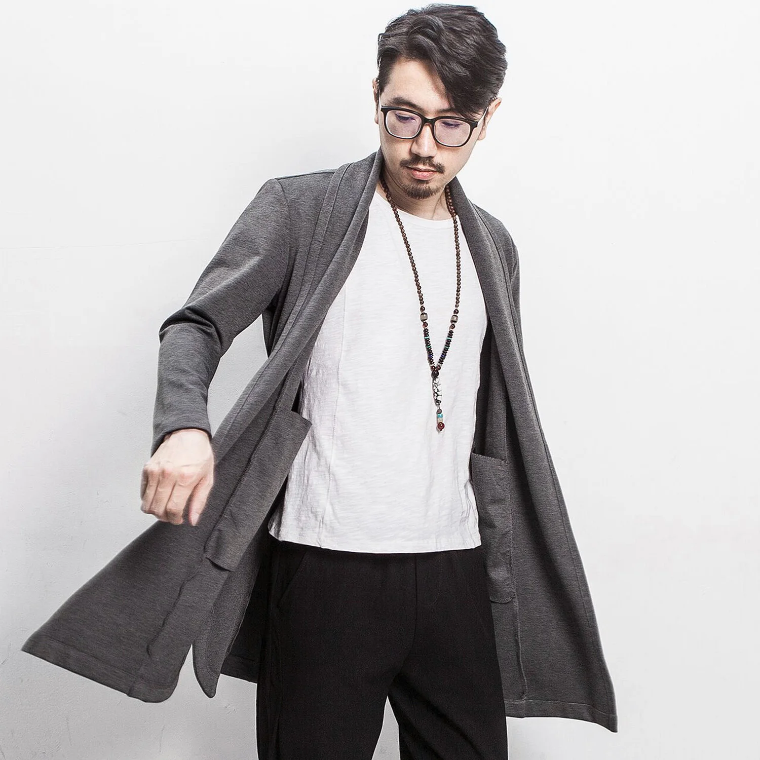 Мужской длинный кардиган в китайском стиле винтажный свободный однотонный