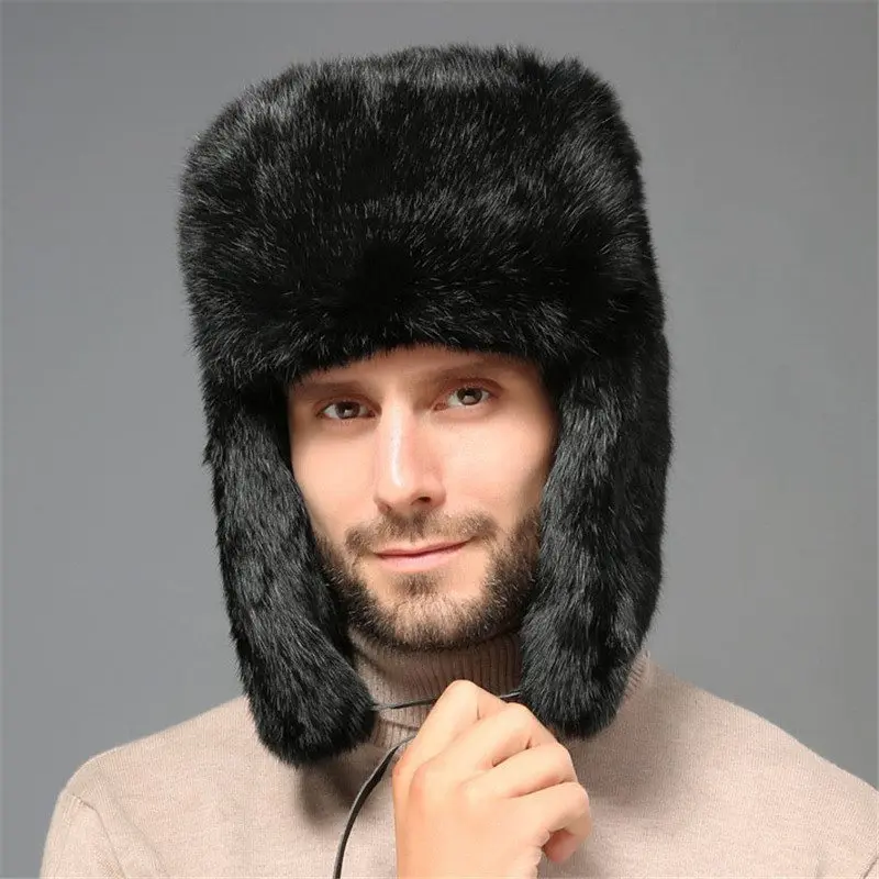 

Fashion Mens Winter Warm Genuine Rabbit Fur Hat Russia Trapper Earflap Ski Cap