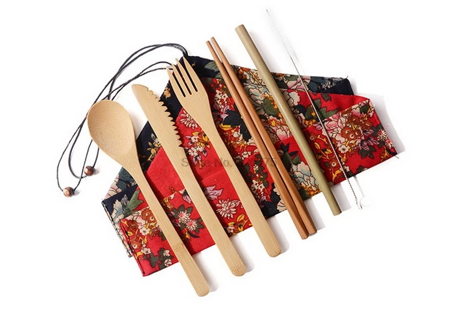 DHL 200set Portable Dinnerware Set Japanese Bamboo Cutlery Fork Spoon chopsticks Travel Teaspoon Straw Kitchen Tableware | Дом и сад