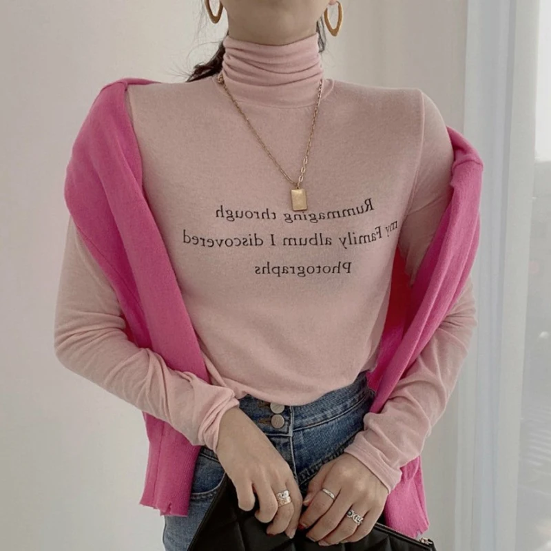 

Новинка, Осенний пуловер с буквенным принтом, Женская водолазка с воротником, облегающие футболки с длинным рукавом, топы, женские Универса...