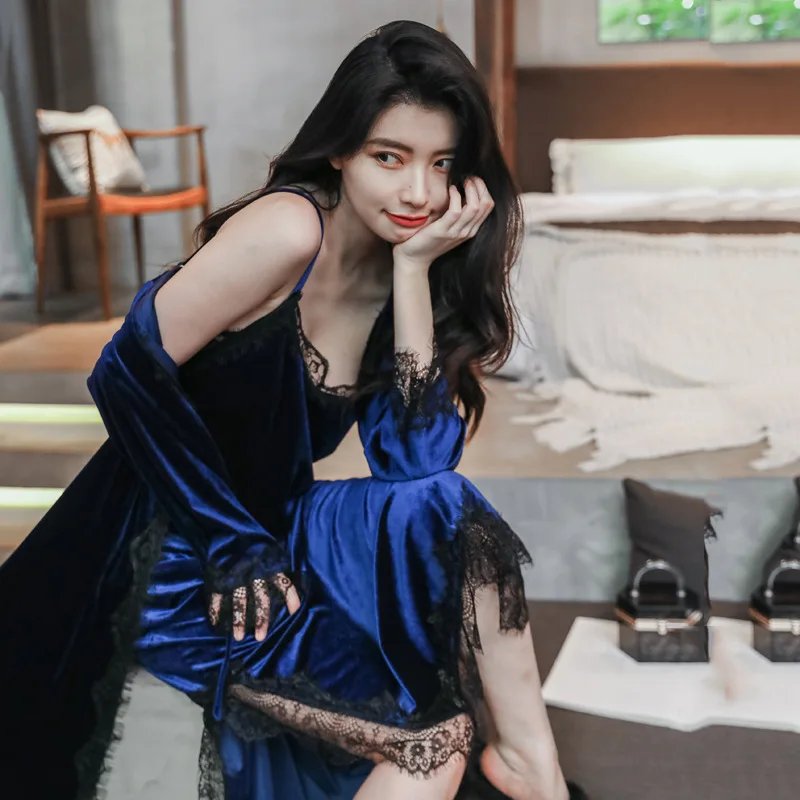 

Осенне-зимний новый велюровый женский костюм с длинным рукавом, кружевной сексуальный женский комплект из двух предметов, свободный халат, ...