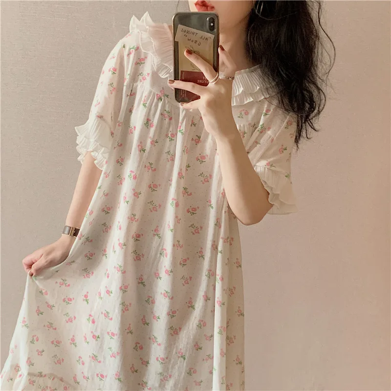 

Women Cotton Summer Soft Nightgown Lovely Girl Short Sleeve Floral Printed Loose Big Sweet Cute Nightdress Sleepskirt Homewear