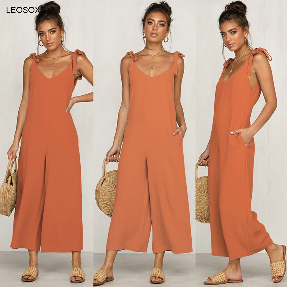 

Summer 2021 New Women's Fashion Loose Casual One-piece Cropped Pants Bowknot Sling Jumpsuit Female