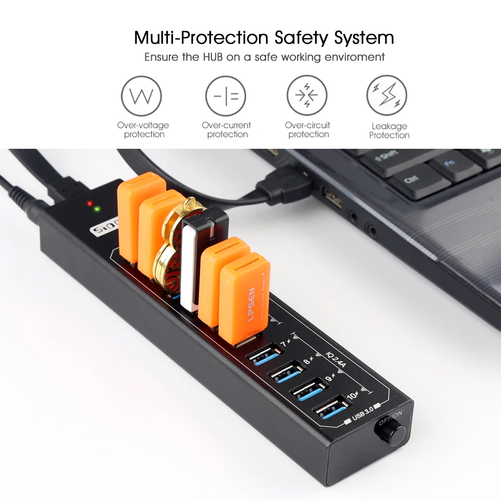 Sipolar Metal 10 портов usb 3,0 концентратор с 12V3A адаптер питания 2.4A usb зарядное устройство концентратор usb зарядная станция для ПК телефона ноутбука