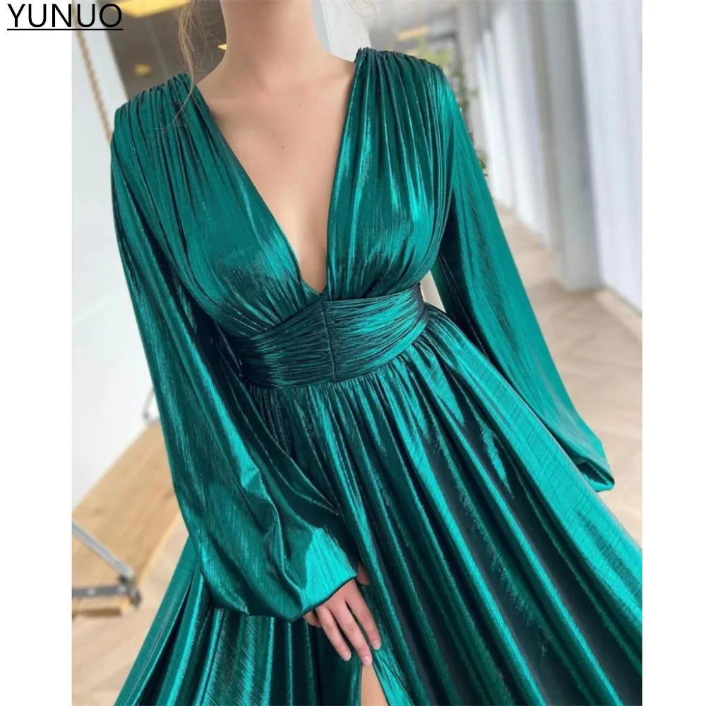 YUNUO блестящие бирюзовые вечерние платья с длинным рукавом V-образным вырезом