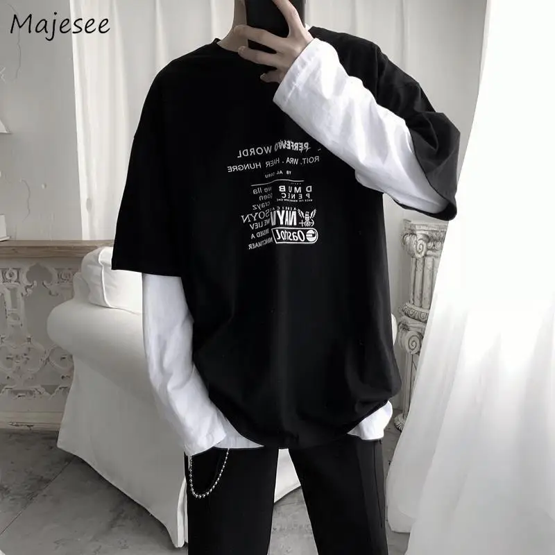 

Men Long Sleeve T-shirts Spring 2XL Printed Fake Two Pieces Patchwork Couples Mens BF Street Wear Loose Fashion Harajuku Ins New