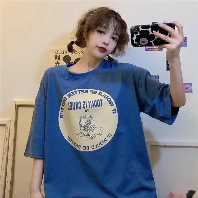 Женская хлопковая футболка с коротким рукавом свободная универсальная летняя