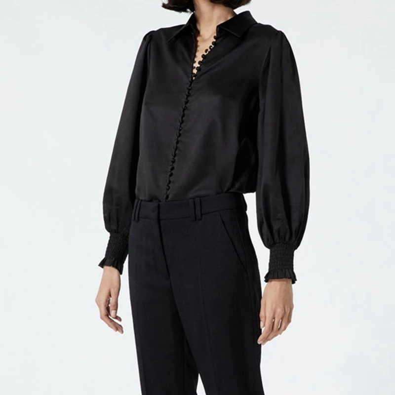 

Женская Однотонная рубашка с отложным воротником, простая Однотонная рубашка в стиле ретро с пышными рукавами, на пуговицах, с длинным рука...