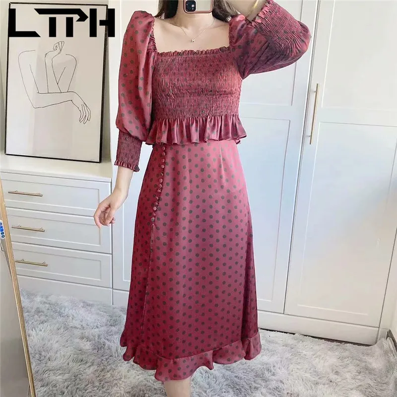 

LTPH French elegant Dot print Outfits two piece set women Square collar puff sleeve tops sexy split skirt sets 2021 Summer New