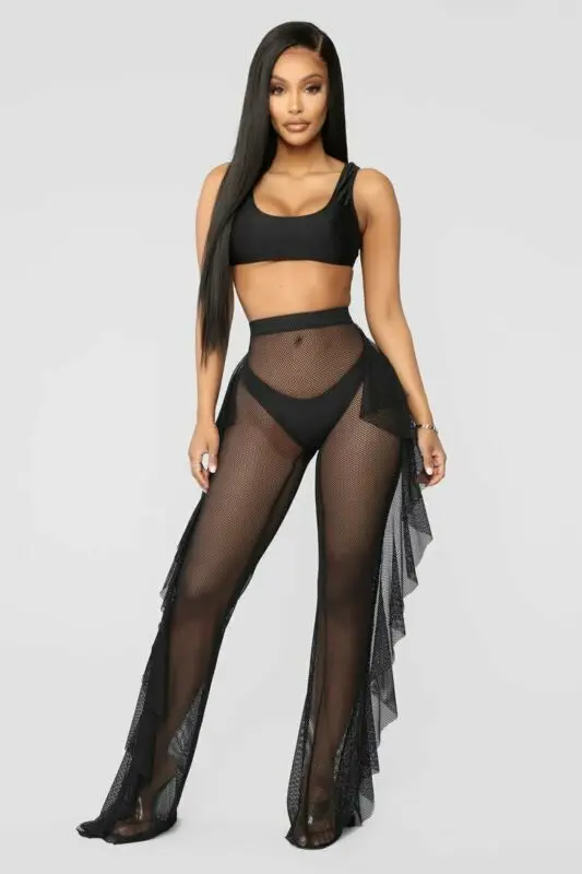Sexy Women Beach Cover Up See Through Ruffle Pants Mesh Sheer Long Bikini Bottoms Swimsuit Swimwear | Женская одежда