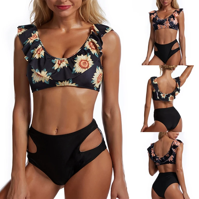 

Hot kf-Women's High Waist Bikini Sexy Print Ruffle Swimsuit 2 Piece Set