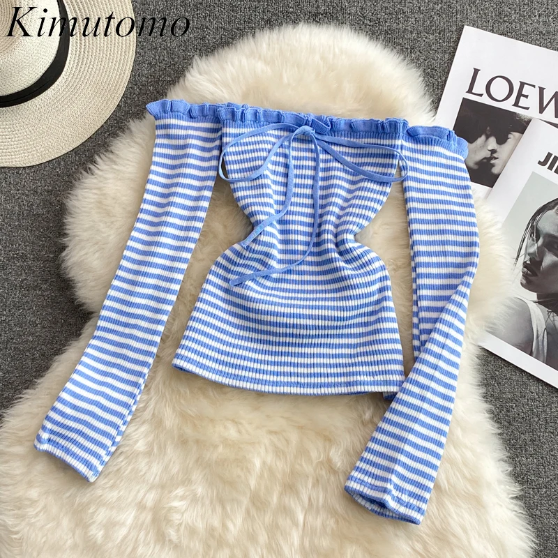 

Kimutomo Autumn Off Shoulder Striped Sweater Thin Women Slash Neck Long Sleeve Slim Short Knit Pullover Female Sexy Top Casual