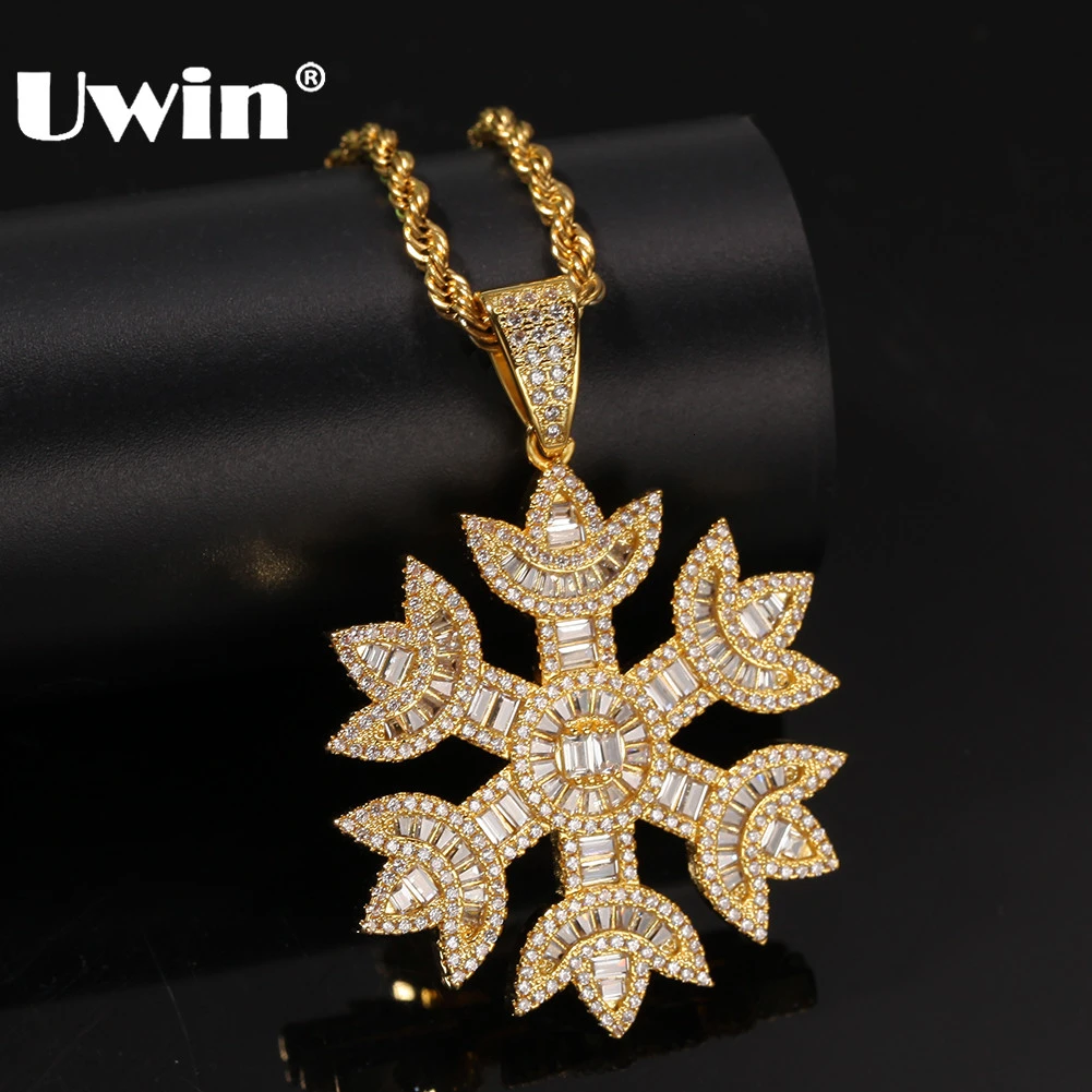 

UWIN Fashion Men Women Baguette Snow Shape Pendant Necklace Gold Color Iced Bling Bling Cubic Zirconia Hiphop Jewelry