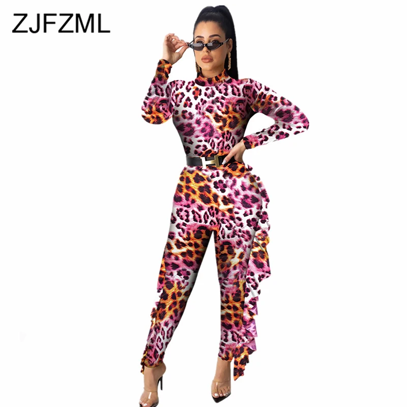 

Sexy Ruffles Patchwork Leopard Bodysuit Women Turtleneck Long Sleeve Skinny Overall Plus Size Autumn Winter Bodycon Jumpsuits