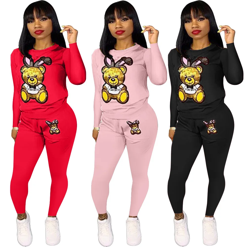

Women's Autumn Two-Piece Long-Sleeved Trousers O-Neck Fashion Sequins Cartoon Pattern Fashion Ladies Casual Pencil Pants Suits