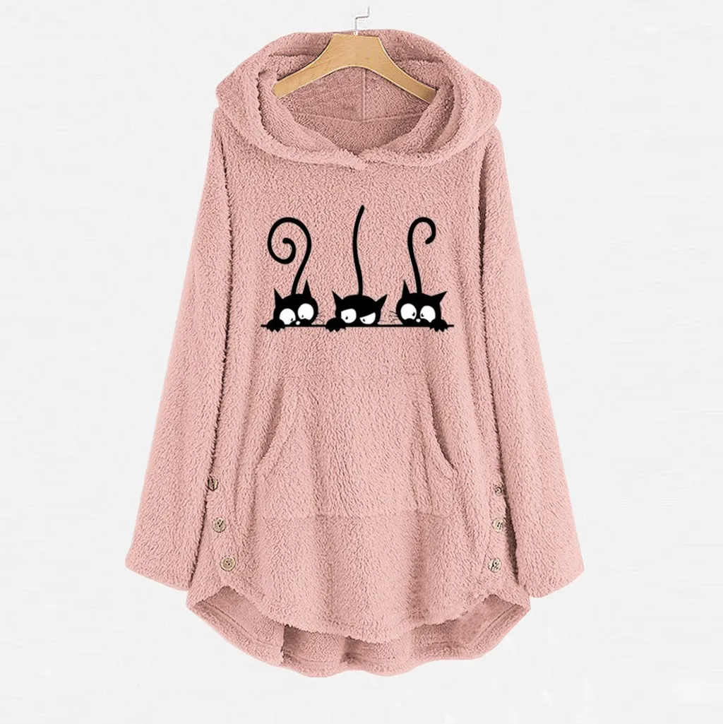 Hoodies Womens Sweatshirt Fleece Cat family Printed kawaii cap pullovers Plus Size Winter Warm Fluffy hooded Top Button moletom