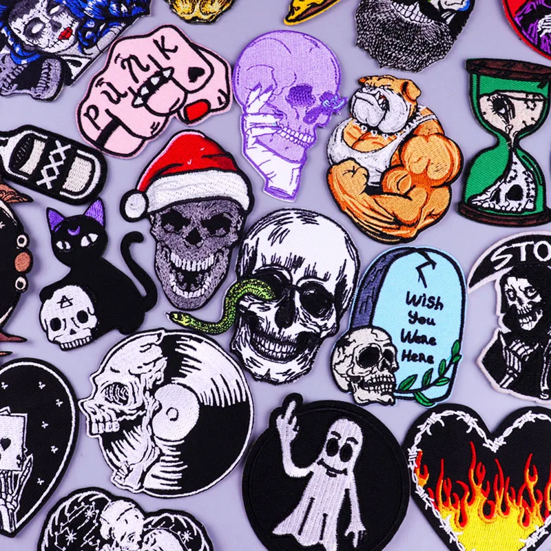 

Skull Stripes Patch Punk Patches For Clothing Thermoadhesive Patches Diy Hippie Embroidery Patch Stickers Skeleton Badges Custom